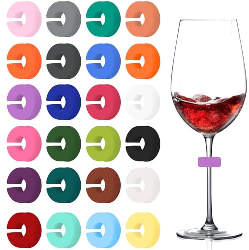Fogbush Anneaux Marqueurs pour Verres en Silicone,C Anneau,24 Pièces Réutilisables,Couleur,et Décoratifs Pour Identifier les Verres en Fête Idéal pour Mariage, Anniversaire,Cocktail et Événements