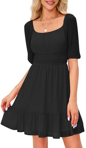 Imily Bela Damen Kleider Square Neck Partykleid Mesh Minikleid High Waist Falten Langarmkleid Hochzeitsgast mit Rüschen(1-Schwarz, M)