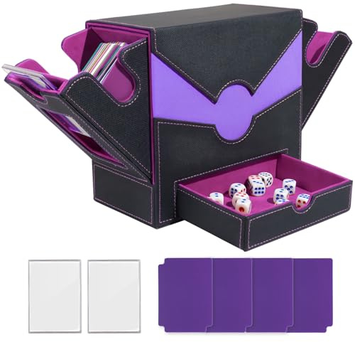 Matlarn Boîte Rangement Carte, Boite à Cartes pour de 500+ Cartes, Magnétique Cuir Card Box Avec 4 Séparateurs Colorés et 2 Toploaders, MTG Commander Deck Boxs pour TCG CCG Yugioh, Noir Violet