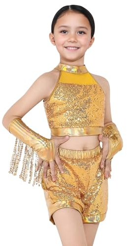 SEAUR Flickor paljetter glittrande metallisk danskostym latinsk jazz dansoutfit barn set rosett beskuren topp, shorts, ärmfickor 100–160 cm, Guld, 100-110
