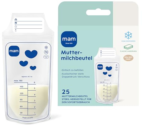 MAM Muttermilchbeutel 180 ml, 25 Stück, auslaufsicher, BPA- & BPS-frei | Doppeldruckverschluss, praktischer Standboden, flach & platzsparend zum Einfrieren und Lagern der Muttermilch