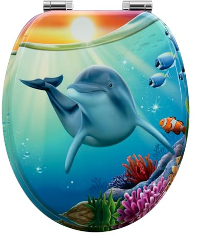 WOLTU Toilettendeckel mit Absenkautomatik Holz, Toilettensitz Klodeckel Klobrille WC Sitz O-Form mit Scharnieren, Quick-Release Funktion für leichte Reinigung, blauer Delphin Motiv