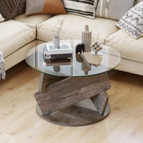 GIANTEX Table Basse en Verre, Table de Salon Ronde avec Plateau en Verre Trempé, Pieds en Bois Massif, Style Rustique, pour Salon, Chambre, Bureau, Petit Espace, 81 x 49 cm, Gris