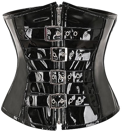 Bslingerie Dam svart PVC överbyst korsett, steampunk spänne främre bustier, snörning bak midjetränare, Svart PVC, S