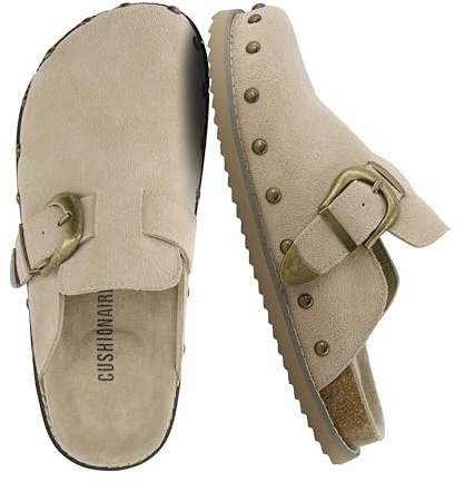 CUSHIONAIRE Bronco Slip On Mule Womens Shoes – Genuine Suede Leather Clogs with Adjustable Buckle and Studded Detailing, Stylish Shoes for Women, Biscuit 9