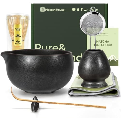 Maestri House Matcha Besen Set Geschenkset 7-Teilig in Schwarzer Stein | Japanisches Matcha Zubehör Set mit Ausgießer-Schale, Bambus Chasen & Halter, Hochwertige Geschenkidee für Matcha Liebhaber