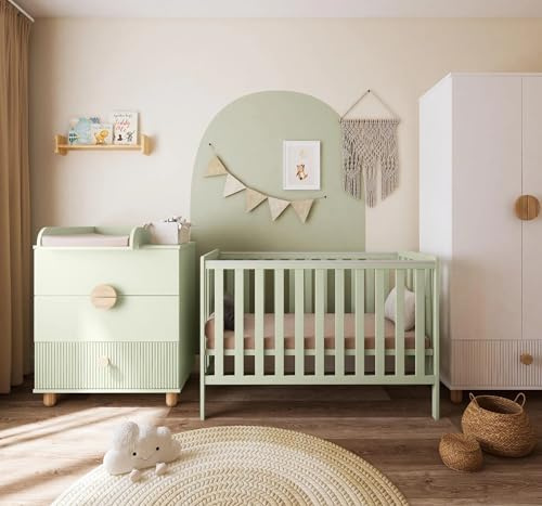 zee Bambi Set Cuna Bebe 120x60 cm 2 en 1 Verde Menta con Barrera de Seguridad Convertible en Cama Junior Incluye Comoda Loft con Cambiador Muebles Habitacion Bebe