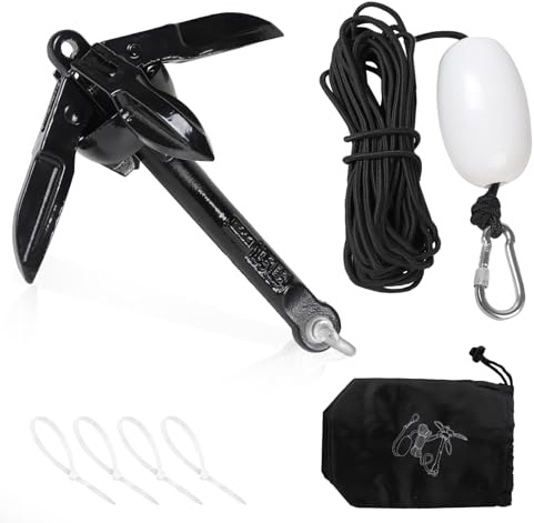 SWAWIS Anker Boot 0,7KG Bootsanker Bootszubehör Klappanker Sup Anker | Für Schlauchboot Belly Boot Tretboot Paddelboot mit 20M Ankerleine Bojenkugel und Aufbewahrungstasche Schwarz