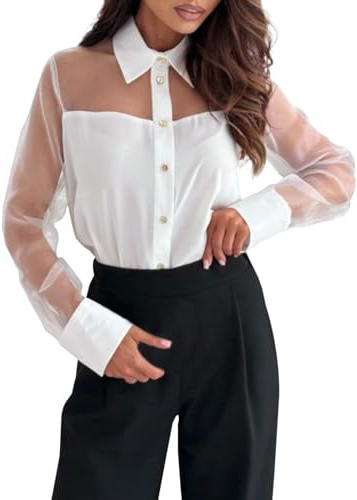 Camicia da Donna Trasparente, Elegante, a Maniche Lunghe, con Bottoni, in Chiffon, Oversize, con Bottoni, Colletto a V, Colore Bianco Nero i25