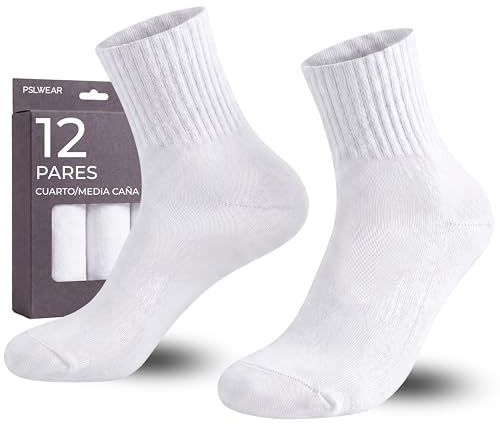 PSL WEAR 12 Pares | Calcetines Deportivos Blancos Hombre | Calcetines Media Caña Algodon para Verano, Crossfit, Futbol, Gimnasio, Running y Uso Diario