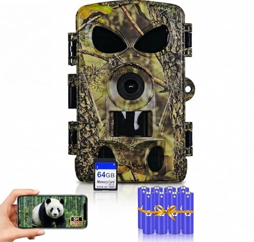 5K Wildkamera WLAN Bluetooth, 64MP Full HD Wildtierkamera mit App Handyübertragung, Infrarot Nachtsicht, 0,1s Auslösezeit, Bewegungssensor, IP66 Wasserdicht, inkl. 64G SD-Karte & 8x AA-Batterien