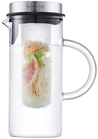 SILBERTHAL Glaskaraffe mit Deckel - 1 Liter Karaffe mit Fruchtsieb- Spülmaschinenfest & Hitzebeständig