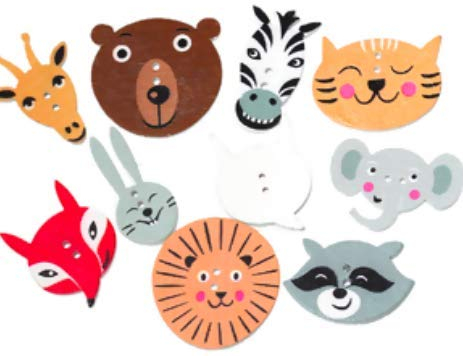 50 Stück Holzknöpfe bunte Tierköpfe 2,2cm-3cm im Mix - Zweiloch - Knöpfe Knopf Holzknopf zum annähen nähen aufnähen scrapbooking Bastelknöpfe Kinderkleidung