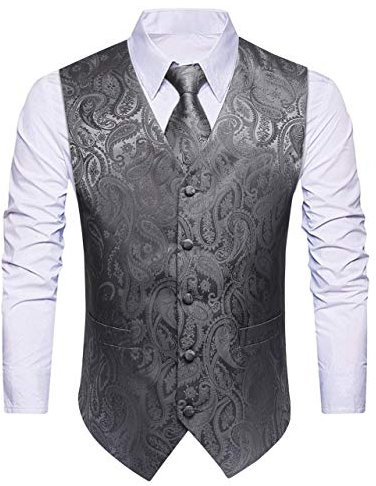 HISDERN Anzugweste für Herren Paisley Hochzeitsweste Krawatte Einstecktuch Taschentuch Jacquard Weste Herren Anzug Set Elegant Grau XL