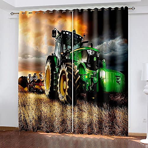 LWXBJX Vorhang Blickdicht für Schlafzimmer Wohnzimmer - Grün Traktor Bauernhof - 3D Druckmuster Öse Thermisch isoliert - 200 x 160 cm - 90% Blickdicht Vorhang für Kinder Jungen Mädchen Spielzimmer