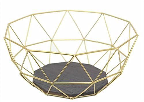 HOMION Fruit Bowl Wire Fruit Basket for Kitchen Countertop Fruits and Vegetables Holder Geometric Design Kitchen Bowl Garage Camping Camper Van Wood Base Lightweight Storage (Gold)
