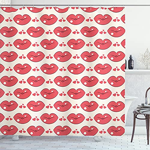 ABAKUHAUS küssen Duschvorhang, Lippe und Herzform Motiv, Stoffliches Gewebe Badezimmerdekorationsset mit Haken, 175 x 180 cm, Dunkle Koralle und Champagne