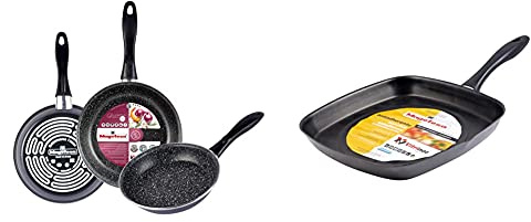 Magefesa K2 Gransasso Juego de 3 sartenes 18/20/24cm de acero vitrificado exterior gris moteado + Glass Asador cuadrado alto 28cm de acero vitrificado exterior negro cristal