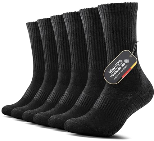 FALARY Tennissocken Herren 43-46 - 6 Paar Schwarz Wintersocken Baumwolle Wandersocken Sportsocken Laufsocken Frotteesocken Gepolstert für Trekking Outdoor