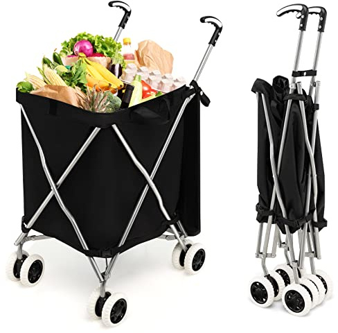 COSTWAY Carrello Spesa Pieghevole con Ruote, Carrello Portaspesa con Fodera in Tessuto Oxford Rimovibile e Impermeabile, 90L, Capacità di peso 55 kg (Nero)
