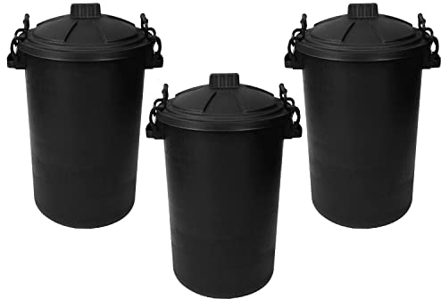 JMS we create smile (Set of 3) 85L Extra Large Heavy Duty Bin Plastic Dustbin With Clip Locking Lid Dustbins Rubbish Waste Trash Bin For Animal Feed Kitchen Home Garden (Black)