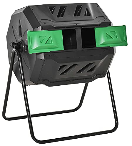 Compostiera a tamburo Outsunny, compostiera da giardino da 160 litri con 2 scomparti, compostiera rapida rotante, per rifiuti organici e da giardino, nera