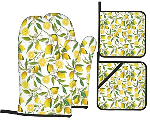 Lemon and Leaf Lot de 4 gants de cuisine et maniques avec doublure en coton matelassé doux pour la cuisine, la pâtisserie, le barbecue, cadeau