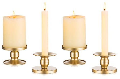 Romadedi Kerzenständer Gold Stabkerzen Metall - 4er Set Kerzenhalter Stabkerze Stumpenkerzen Vintage Morden Deko für Hochzeit Tischdeko Weihnachten Wohnzimmer Adventskranz