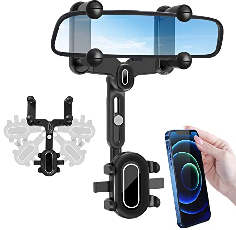 LURICO Supporto per telefono specchietto retrovisore, porta cellulare auto specchietto, Supporto Telefono Auto 360° Girevole e Retrattile Multifunzionale Portacellulare Universale per Auto