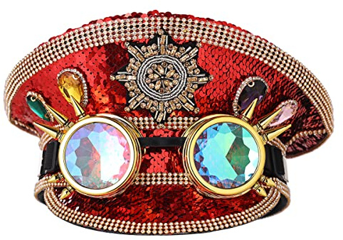 COSDREAMER Herren Steampunk Top Hats Pailletten Brille Militär Cap Punk Halloween Klassische Armee Militär Cap (Rot)