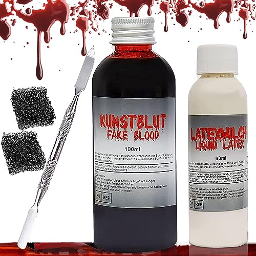 Halloween Kunstblut Set, Fake Blood, 100ml Fake Blut, 2 Schwamm und Spatel, TheaterBlut, Kunstblut Auswaschbar für Kleidung und Haut, Kunst Blut für Halloween, Karneval, Simulierte Wunden Make Up
