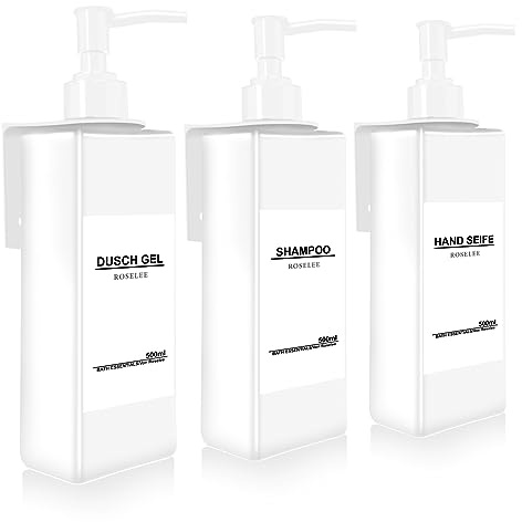 Roselee 3 Pezzi Dispenser Sapone Doccia da Muro, Dispenser Sapone Bagno Senza Foratura, 500ml Dispenser Doccia Shampoo e Bagnoschiuma con Etichetta per Bagno, Cucina
