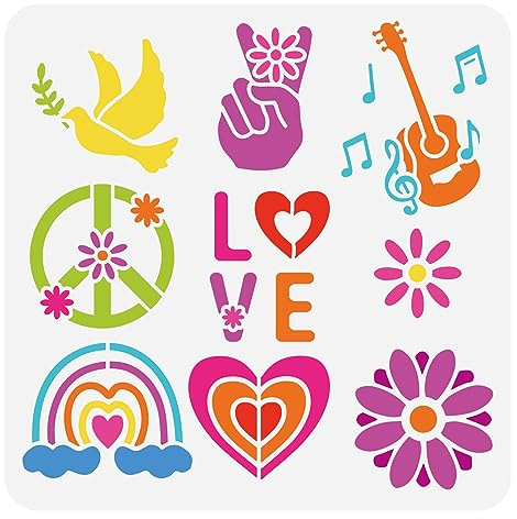 FINGERINSPIRE Hip Hop Schablone Zum Malen 30x30 cm Groß Gitarre Musiknote Schablone Blumen Friedenstaube Zeichnungsvorlage Herz Regenbogen „Love“ Malschablone Für Heimdekoration