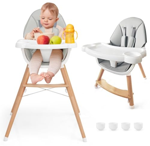 COSTWAY 2 in 1 Babyhochstuhl, Hochstuhl aus Buchenholz mit 5-Punkt-Sicherheitsgurt, abnehmbarem Doppeltablett & Sitzkissen, Babystuhl Kinderhochstuhl für 6-36 Monaten Baby, 15 kg Belastbar (Grau)