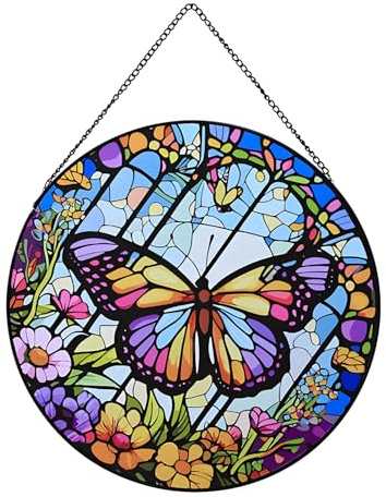 Payutou Butterfly Stained Glass Panels,20cm/7.87inch Painted Glass Panels Garden Hangings Christmas Mother's Day, Valentine's Day Ornaments Festival Gift (A style)