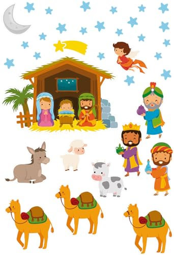 Presepe con Re Magi, Portale di Betlemme. Figure natalizie della nascita in vinile elettrostatico rimovibile per cristalli con 39 elementi decorativi per ambientare e divertirsi in famiglia.