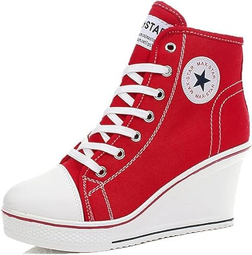 nulala Baskets en Toile à Talon compensé pour Femme - Baskets à Talons Hauts - Chaussures à Plateforme pour Femme - Chaussures à Enfiler pour Le Sport, Les Loisirs, la Course, Rouge, 37 EU