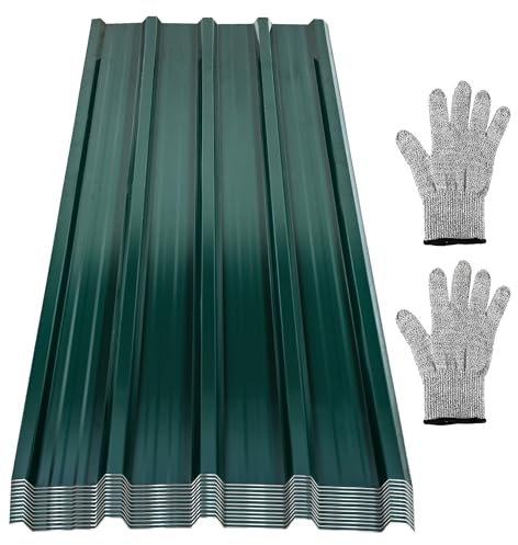 Ikodm 12 fogli trapezoidali da 129 x 46 cm, 7 m², lamiera ondulata zincata, 0,25 mm, resistente alla ruggine, lamiera ondulata per tetto, lamiera trapezoidale, verde, con guanti