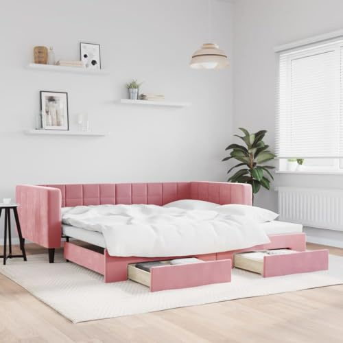 CKioict Palettenbett Modernes Bettgestell Jugendbett Tagesbett Ausziehbar mit Schubladen Rosa 100x200 cm SamtGeeignet für Gästezimmer, B&Bs, Schlafzimmer