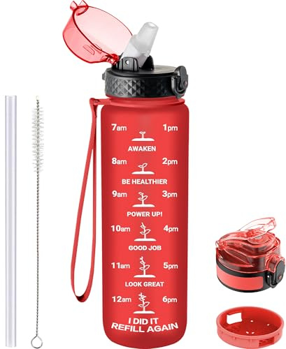 GOPPUS Trinkflasche, 1L BPA-Frei Tritan Wasserflasche mit Strohhalm, Trinkflasche Sport Auslaufsicher mit Zeitmarkierung und Bürste, Sportflasche für Fitness, Schule, Yoga, Outdoor(1 Flasche)