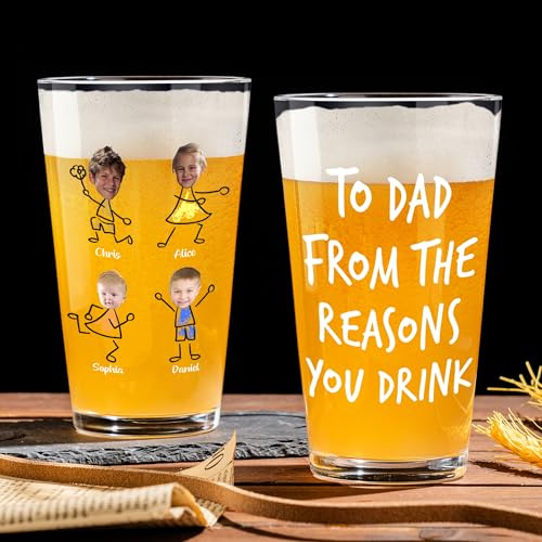 KEMEILA Verre à bière « To Dad from The Reason You Drink », cadeau amusant pour papa, verre à bière personnalisé avec nom de photo pour enfant, verre à bière 473,6 g, cadeau d'anniversaire, de Noël,