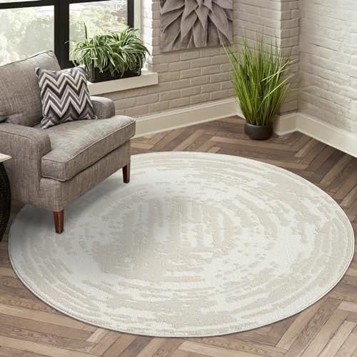 carpet city Teppich Kurzflor Wohnzimmer - Beige - 200 cm Rund - Meliert, Geo-Muster - 3D-Effekt - Moderne Teppiche Flachflor Schlafzimmer, Esszimmer