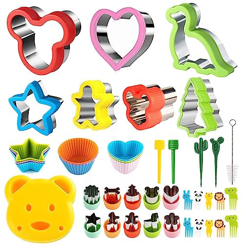 Ausstechformen Ausstecher Brot und Gemüse Kinder - 42 Stück Edelstahl Brot Ausstecher Set, Enthalten Sanwich Gemüse Obst Ausstecher&Obstgabel Dinosaurier Herz Stern Muffinformen