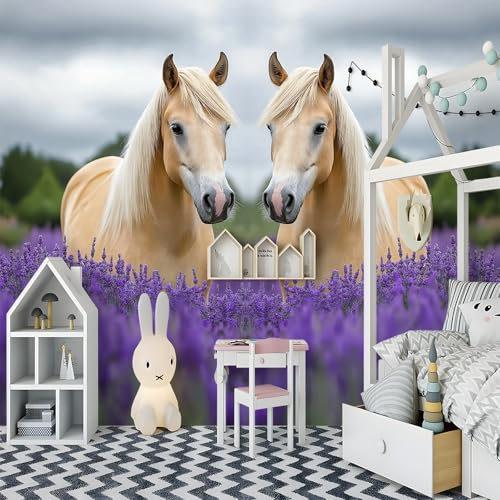 Fototapete Schlafzimmer 250 x 175 cm 3D Druck Zwei Pferde im Lavendelfeld Vliestapete, Wandtapete Wandbilder, für Wohnzimmer, Kinderzimmer, TV Hintergrund Vlies Tapete, Lila