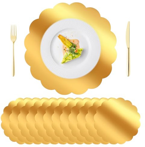 DI QIU REN 100 PCS Scalloped Gold Placemats, 13.5 Disposable Paper Placemat for Dining Table, Mirrored Gold Chargers Place Mats for Birthday Banquet, Disposable Placemats for Party Holiday Wedding