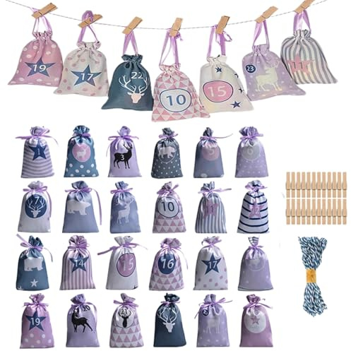 Adventskalender zum Befüllen Stoffsäckchen, Weihnachts-Adventskalender-Taschen 2024, 24-Tage hängende Countdown-Kalender-Taschen, wiederverwendbare Stoff-Geschenktaschen zum Füllen für DIY (Lila)