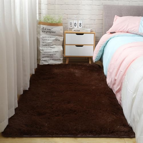 CHENMIAO Teppich Wohnzimmer Hochflor Langflor 100 x 110 cm Super Soft, Flauschige Moderne Shaggy Hochflor Teppich Pflegeleicht, Anti-Rutsch-Rückseite für Wohnzimmer, Schlafzimmer, Braun