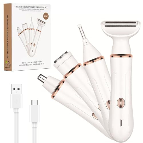 4 in 1 Elektrorasierer für Frauen - Kabelloser Bikini Trimmer zur schmerzlosen Entfernung von nassen und trockenen Gesichtshaaren - Wiederaufladbarer Damenrasierer für Gesicht Beine Nase Augenbrauen