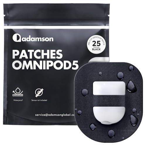 Adamson Omnipod Patch – 25 vattentäta självhäftande plåster för Omnipod 5, svettbeständig, bekväm på huden, inget lim i mitten, lätt att applicera och ta bort – svart