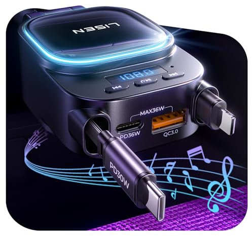 LISEN 2025 Bluetooth 5.3 FM Transmitter Car Adapter 96W 4 in 1 Retractable Car Charger [HiFi Balance Tech] [PD36W] Car Radio Music Blutooth Adapter Hands Free Calling Audio Transmitters Phone Antennas